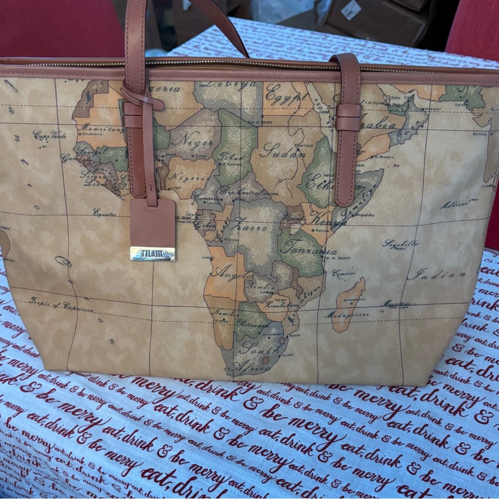 Alviero Martini Map Print Tan Leather Tote Bag